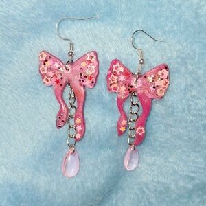 Bubble Gum Princess Pink Glittery Dangle Bow Earrings